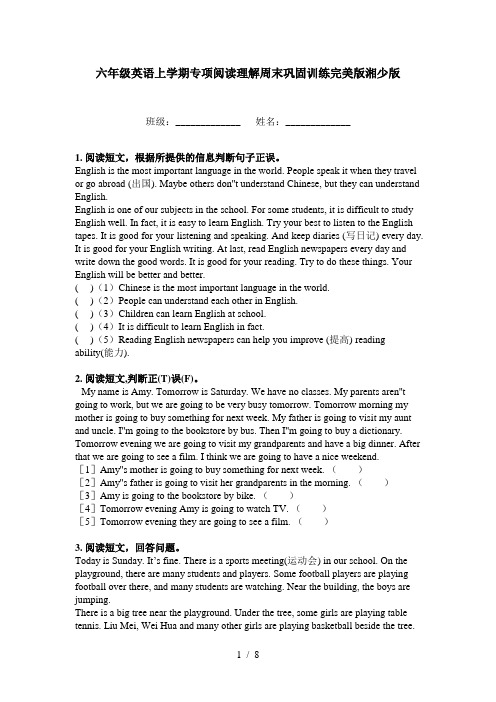 六年级英语上学期专项阅读理解周末巩固训练完美版湘少版