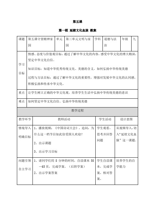 (名师整理)道德与法治九年级上册第三单元第5课第1框《延续文化血脉》省优质课获奖教案