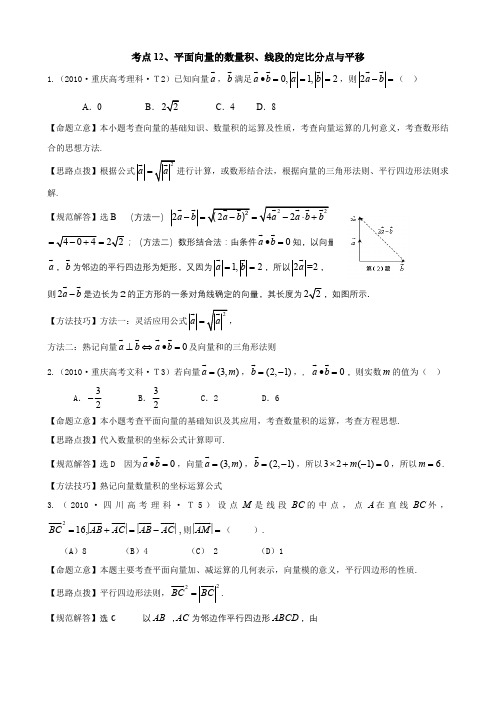 2010年高考数学真题分类汇编(老人教)考点12 平面向量的数量积、线段的定比分点与平移