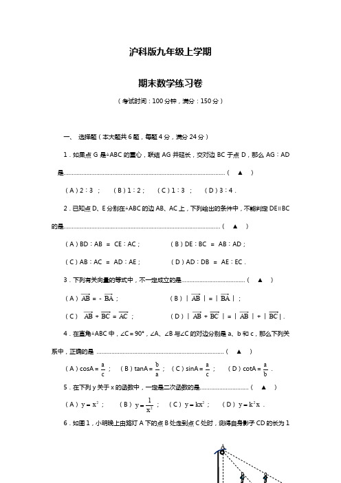 2019—2020年沪科版九年级数学第一学期期末模拟练习卷及答案解析.doc