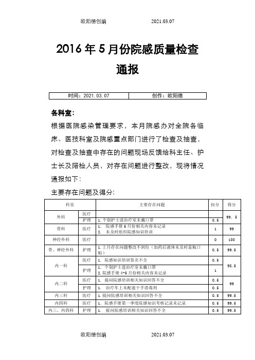 5月院感质量检查通报及持续改进之欧阳德创编