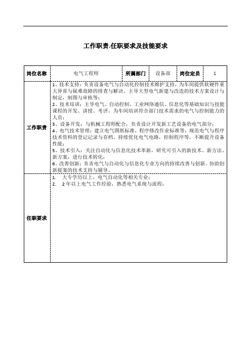 电气工程师工作职责和岗位要求