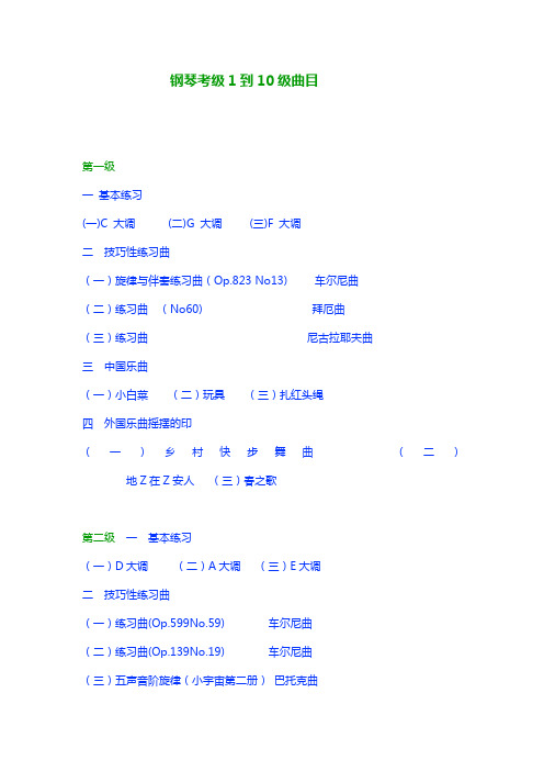 钢琴考级1到10级曲目