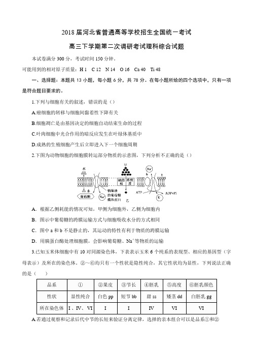 【2018河北二联】河北省2018届高三下学期第二次调研考试 理综