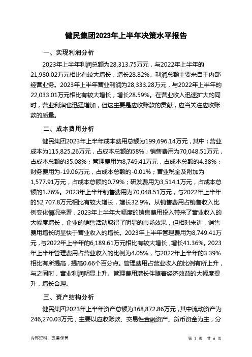 600976健民集团2023年上半年决策水平分析报告