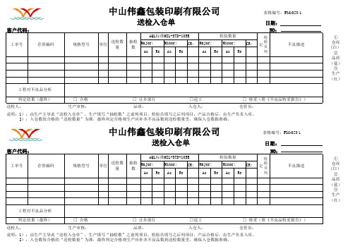 FM 印刷 ISO9001 14001 2015 空白表格-053送检入仓单