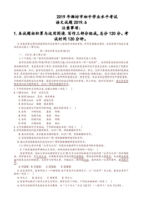 山东省潍坊市2019年中考语文试卷(有答案)-推荐