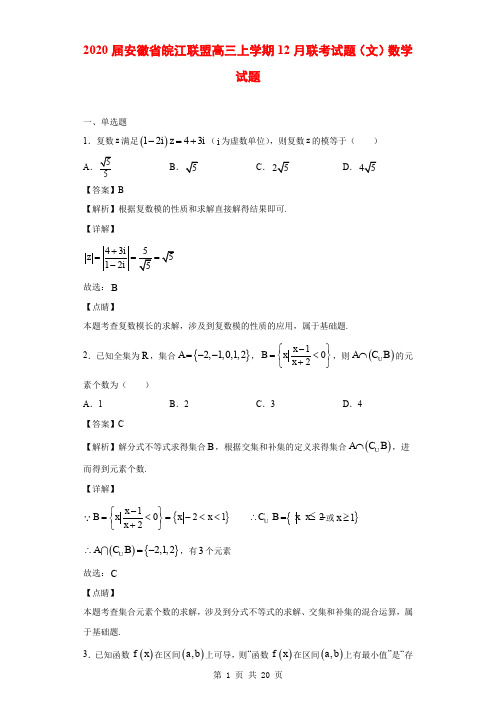 2020届安徽省皖江联盟高三上学期12月联考试题(文)数学试题(解析版)