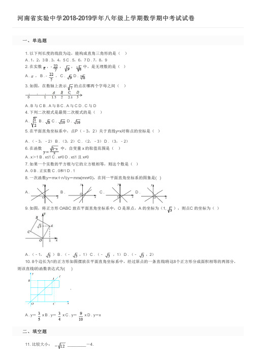 河南省实验中学2018-2019学年八年级上学期数学期中考试试卷及参考答案