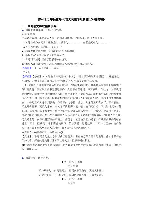 初中语文诗歌鉴赏+文言文阅读专项训练100(附答案)