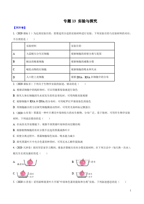 十年（2011-2020）高考真题生物分项详解（全国版）专题13实验与探究（原卷版）