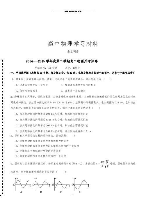 人教版高中物理选修2-1第二学期高二月考试卷.docx