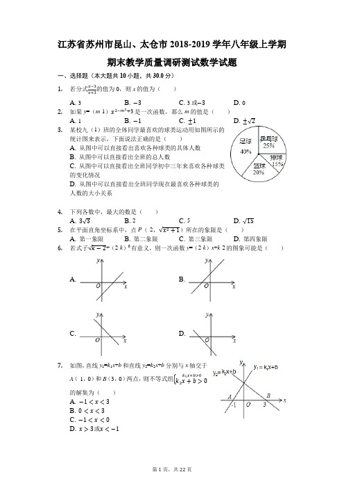 江苏省苏州市昆山、太仓市2018-2019学年八年级上学期期末教学质量调研测试数学试题(解析版)