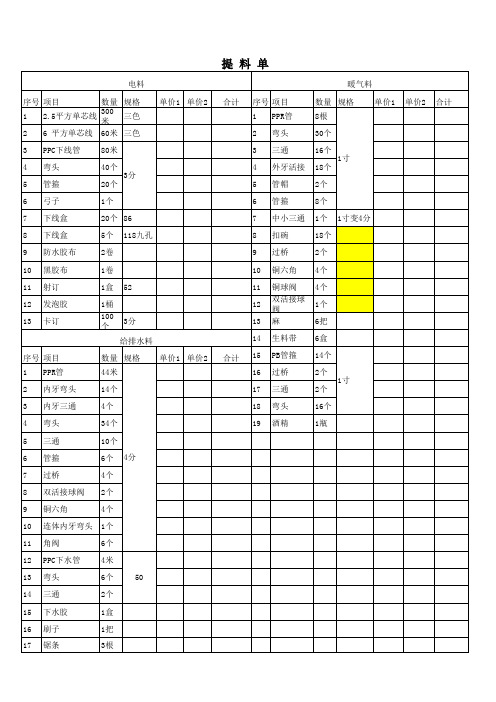 水暖电提料单