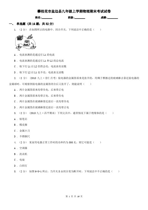 攀枝花市盐边县九年级上学期物理期末考试试卷