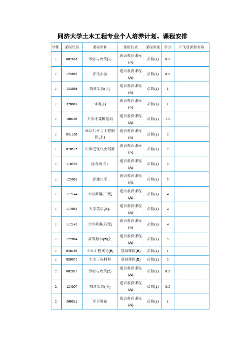 同济大学土木工程专业个人培养计划、课程安排