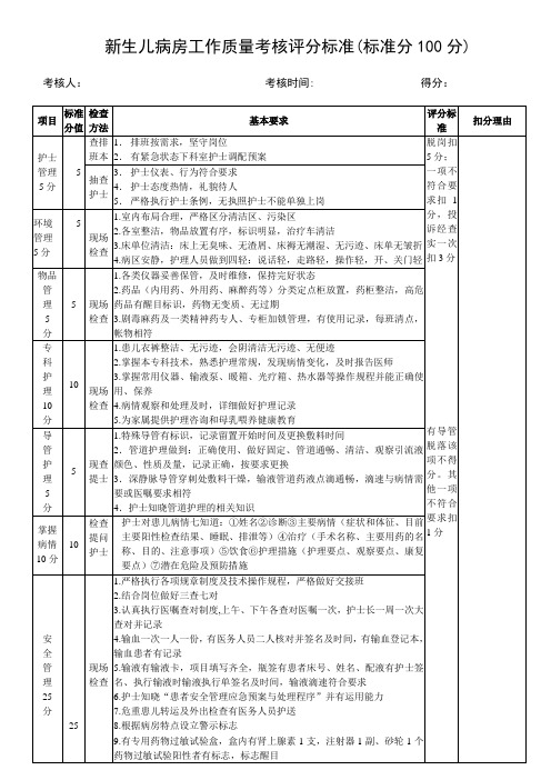 新生儿病房质量考核标准