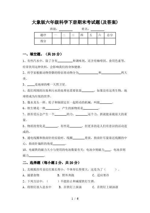 大象版六年级科学下册期末考试题(及答案)