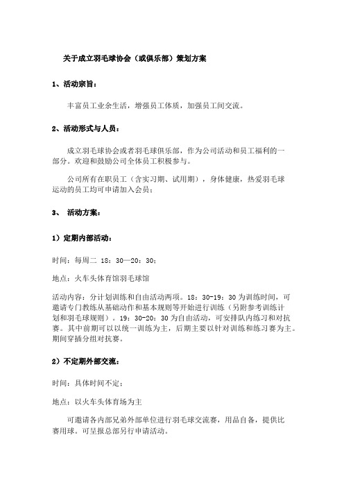 关于成立羽毛球协会或俱乐部策划方案