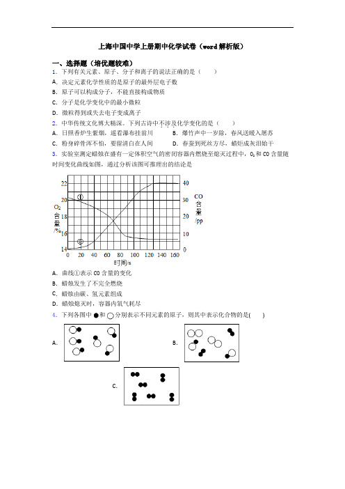 上海中国中学上册期中初三化学试卷(word解析版)