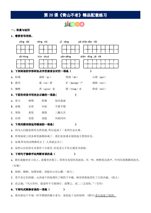 有答案-人教部编版六年级语文上册第20课《青山不老》精品配套练习基础+阅读部编版六年级上册