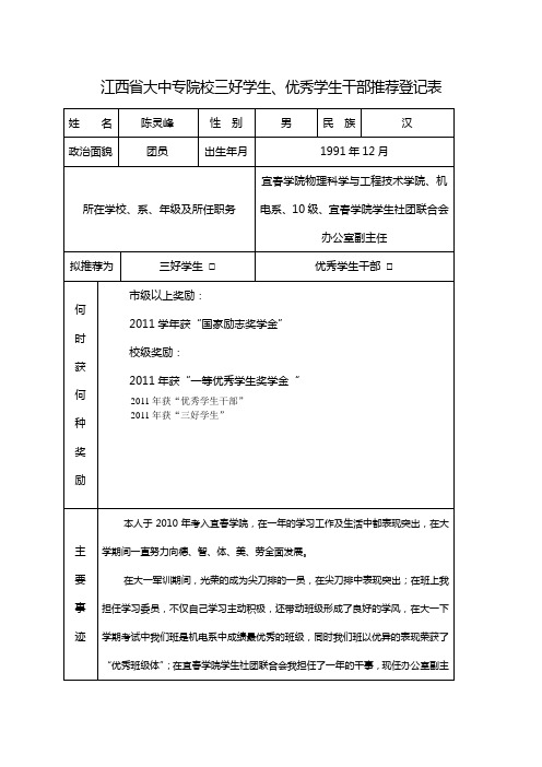 江西省大中专院校三好学生、优秀学生干部推荐登记表