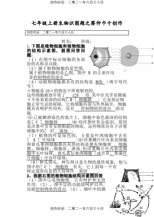 生物七年级生物上册识图题 带答案