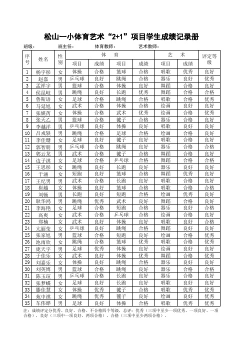 松山一小体育艺术“2+1”项目学生成绩记录册