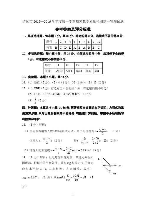 清远市2015-2016学年度第一学期高一物理试题参考答案