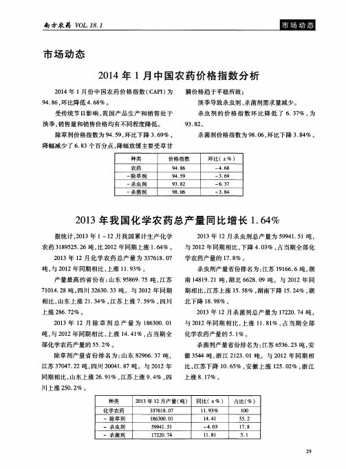 2013年我国化学农药总产量同比增长1.64%