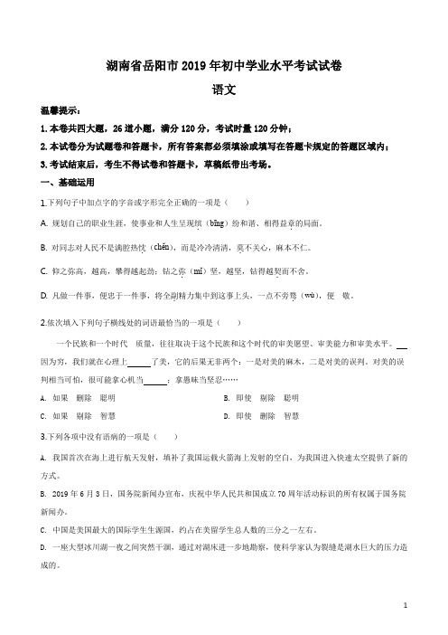 《中考真题》湖南省岳阳市2019年中考语文试题(原卷)