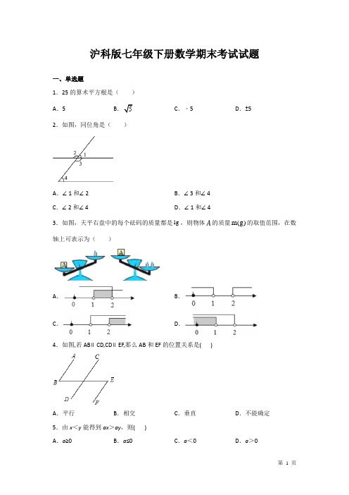 沪科版七年级下册数学期末考试试卷及答案