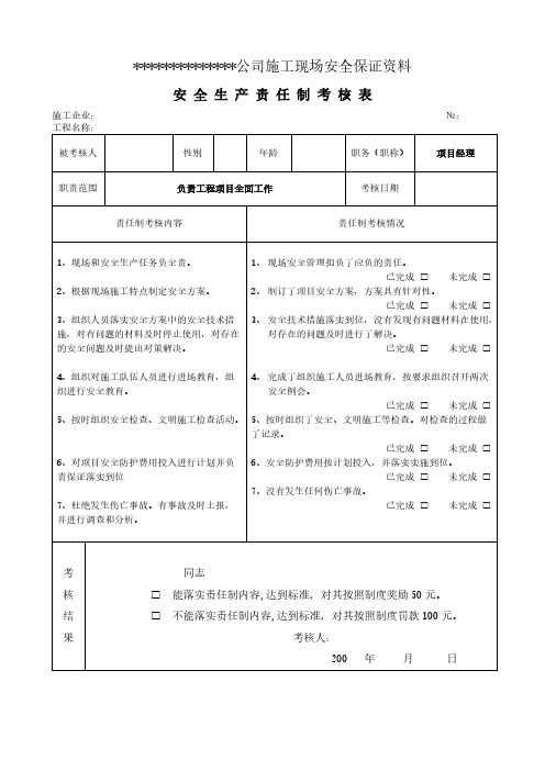 项目部各岗位考核表