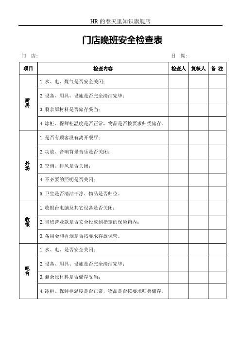 门店晚班安全检查表