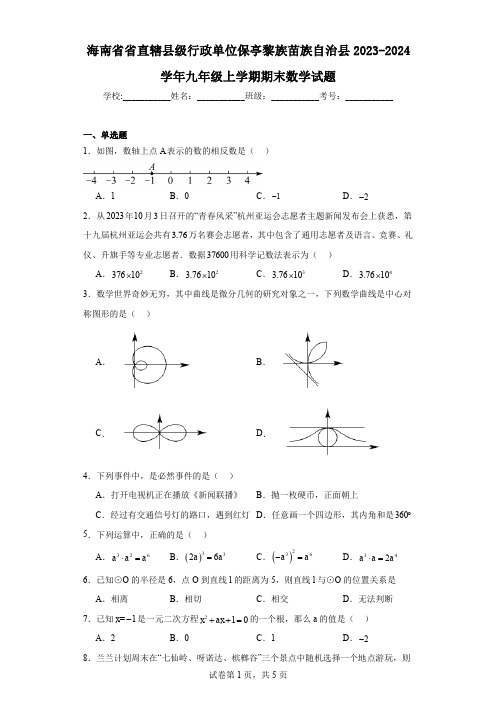 海南省省直辖县级行政单位保亭黎族苗族自治县2023-2024学年九年级上学期期末数学试题