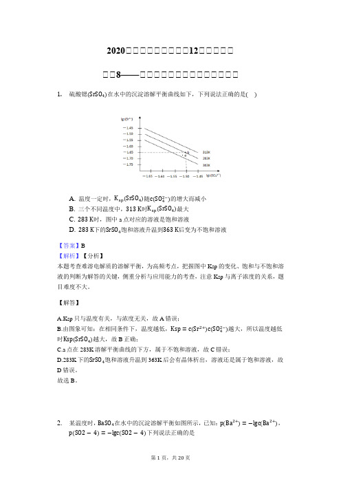 2020届高三化学二轮高考12题题型特训——题型8——沉淀溶解平衡曲线【选择专练】