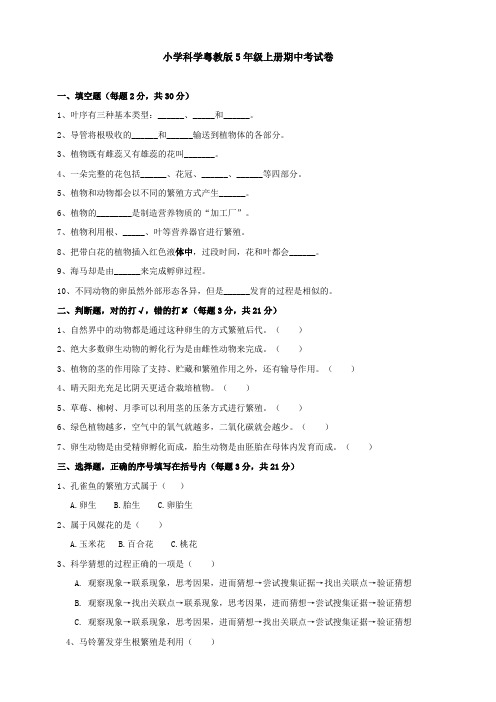 粤教粤科版小学科学五年级上册科学期中考试卷