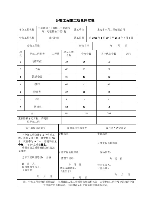 分部工程质量评定表(截污纳管)