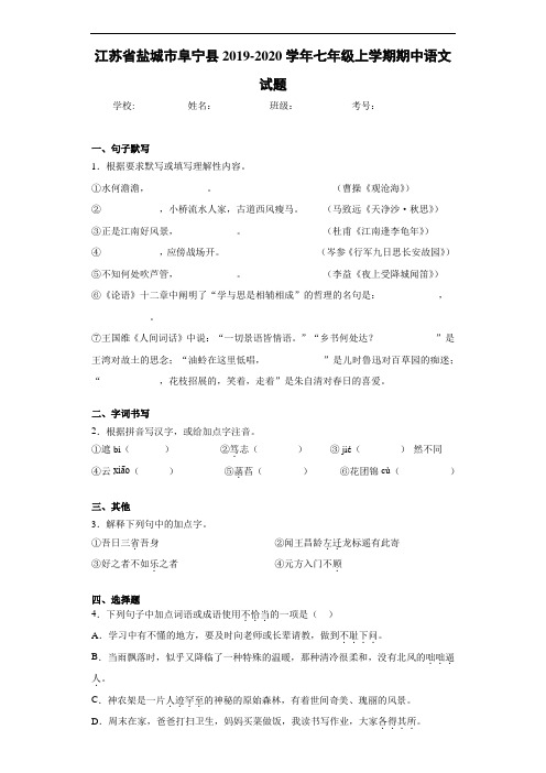 江苏省盐城市阜宁县2019~2020学年七年级上学期期中语文试题