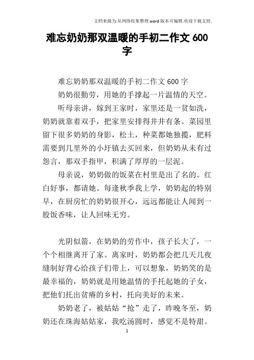 难忘奶奶那双温暖的手初二作文600字