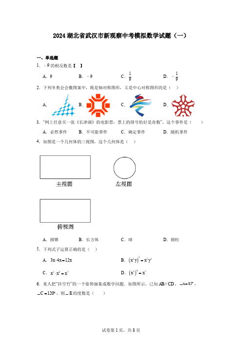 2024湖北省武汉市新观察中考模拟数学试题(一)