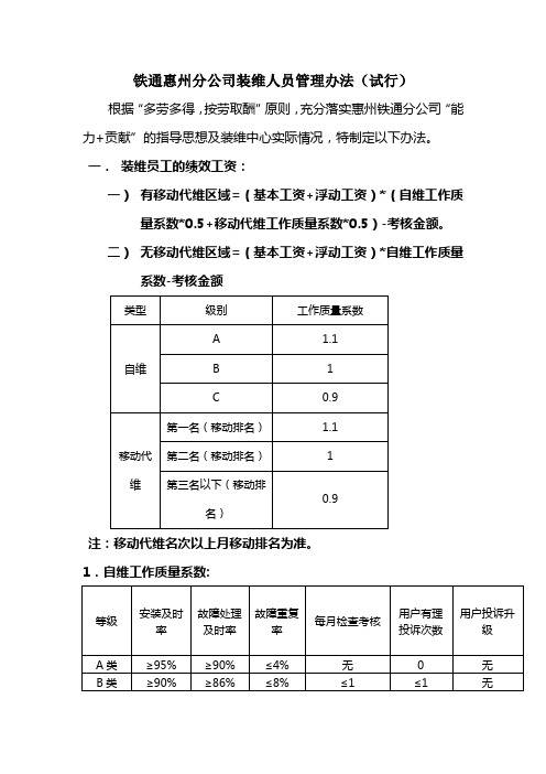 铁通惠州分公司装维员工管理办法(最终版)