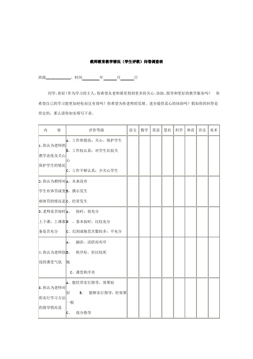 教师教育教学情况(学生评教)问卷调查表 (2)