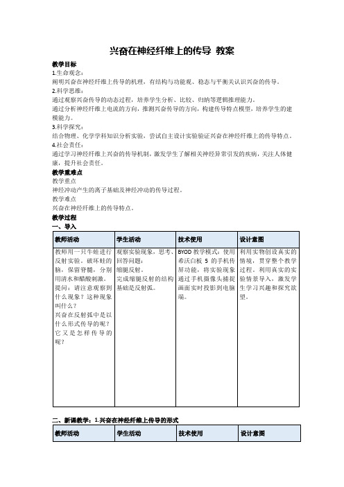 兴奋在神经纤维上的传导+教案+2023-2024学年高二上学期生物人教版选择性必修1