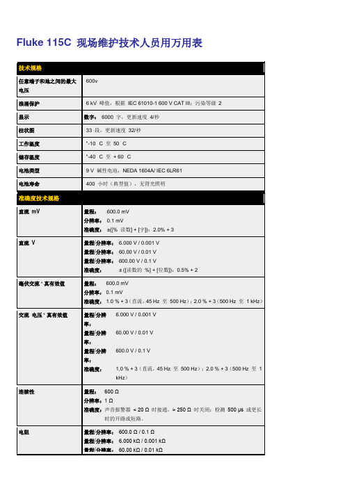 FLUKE常见数表技术指标