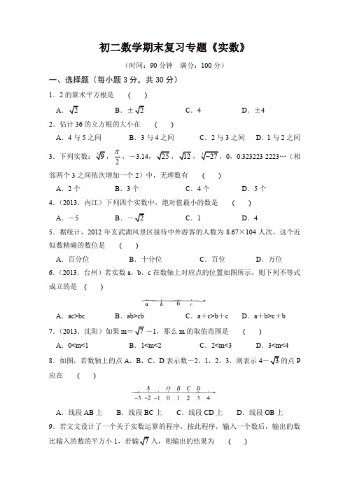 人教版初二上册第一学期数学期末复习专题《实数》