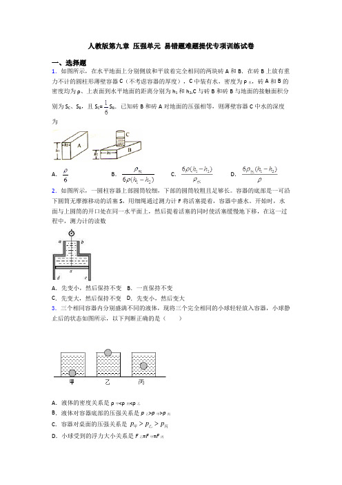 人教版第九章 压强单元 易错题难题提优专项训练试卷