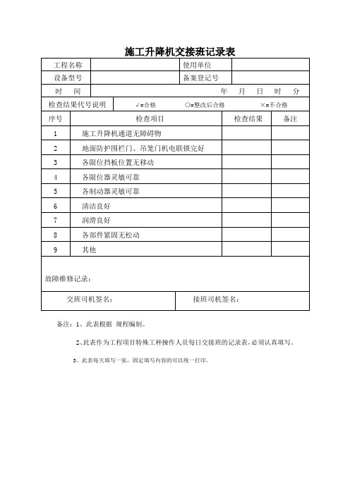 施工升降机交接班记录表