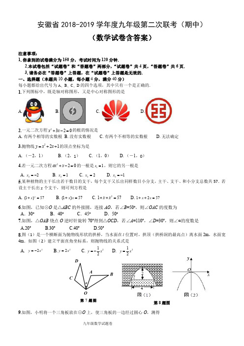 安徽省2018-2019学年最新度九年级第二次联考期中数学试卷(含答案)