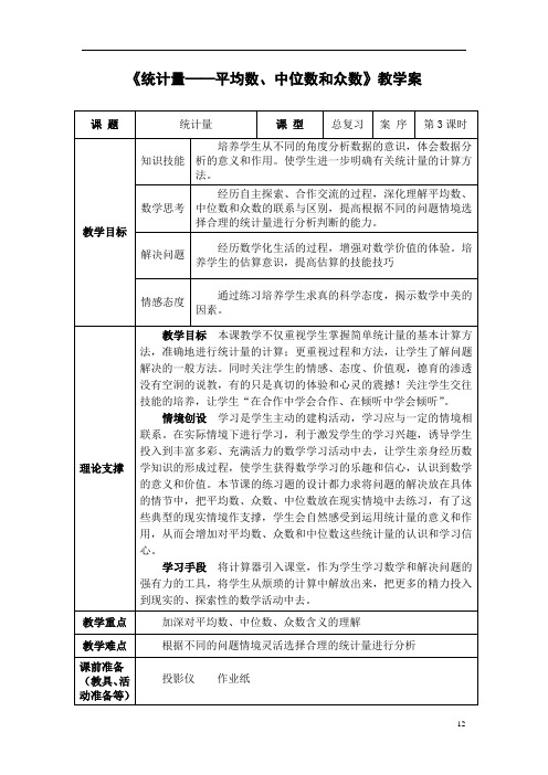 六下数学教案+实录+反思《统计量——平均数、中位数和众数》